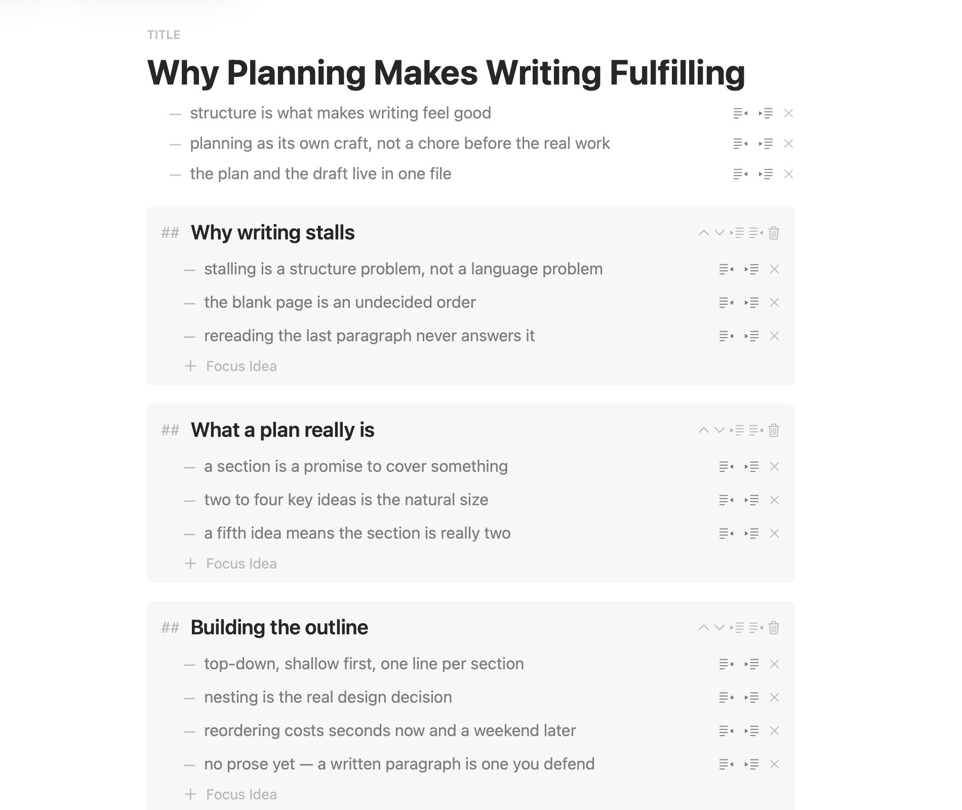 Planning mode, Outline view: a tree editor over the document's headings, with key ideas under every section