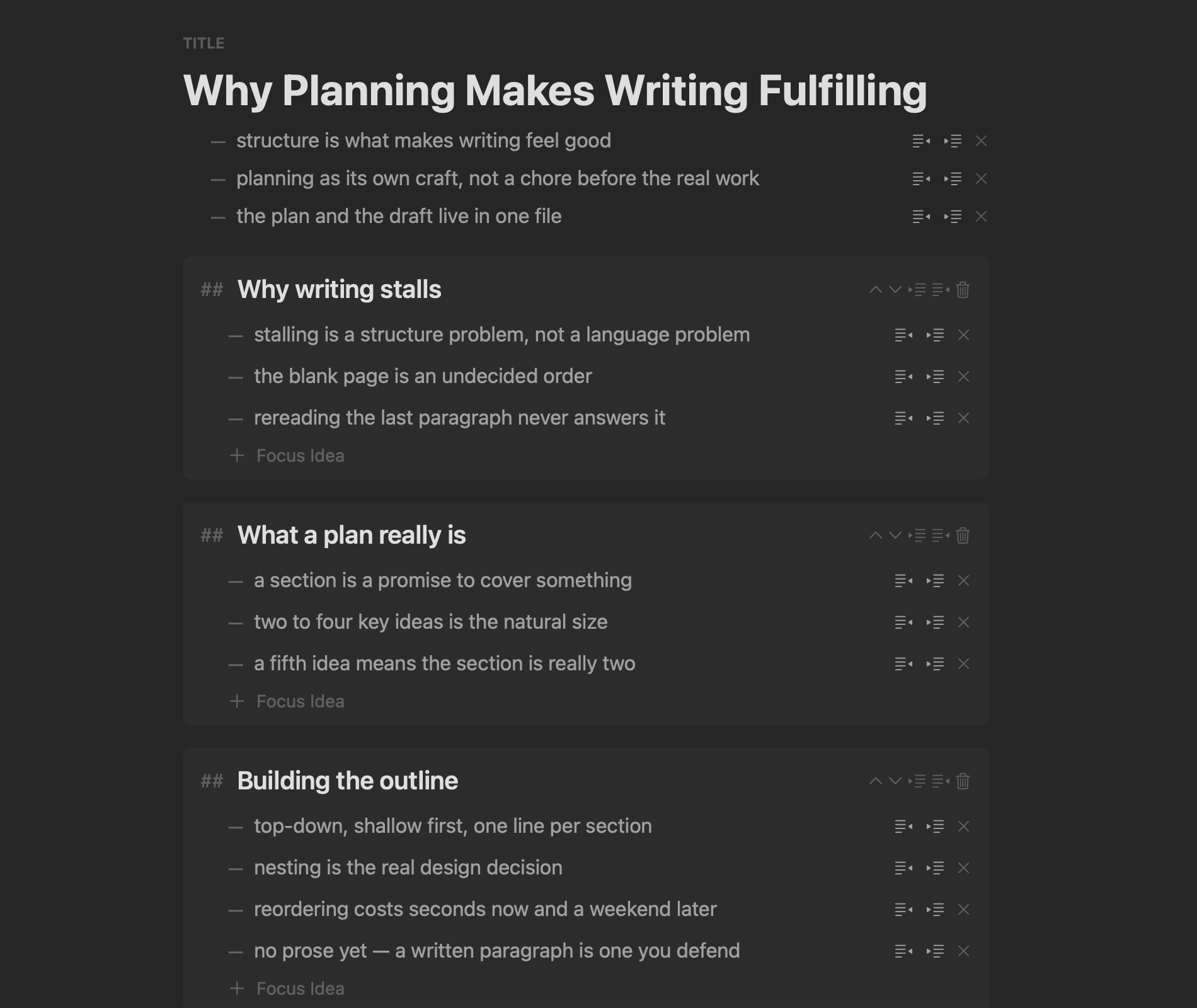 Planning mode, Outline view: a tree editor over the document's headings, with key ideas under every section