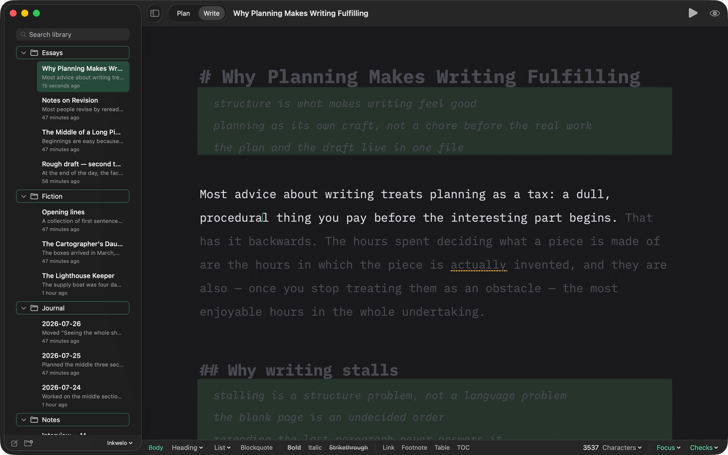The editor in its window: sidebar, toolbar and format bar around the text