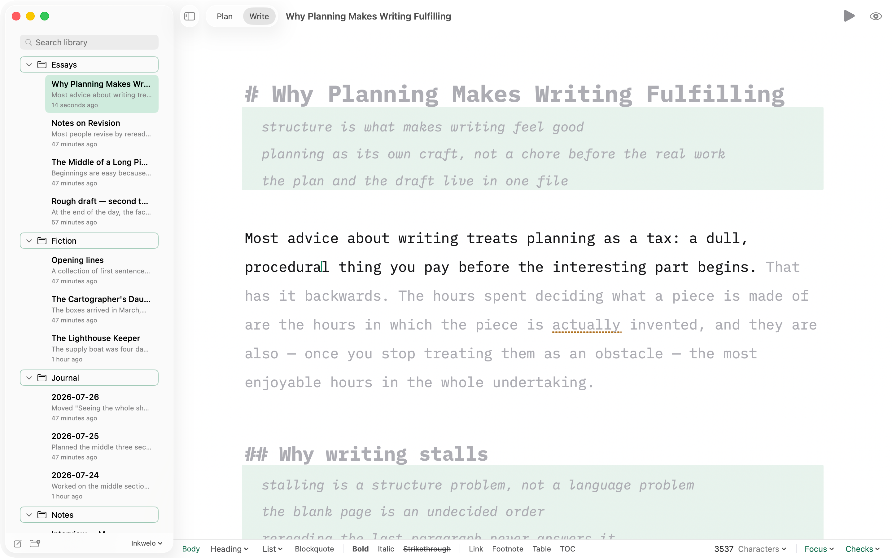 The editor in its window: sidebar, toolbar and format bar around the text